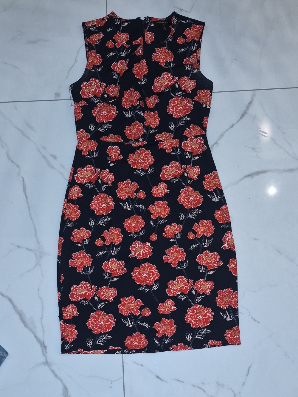 Banana Republic Navy Sheath Dress with Red Floral Pattern